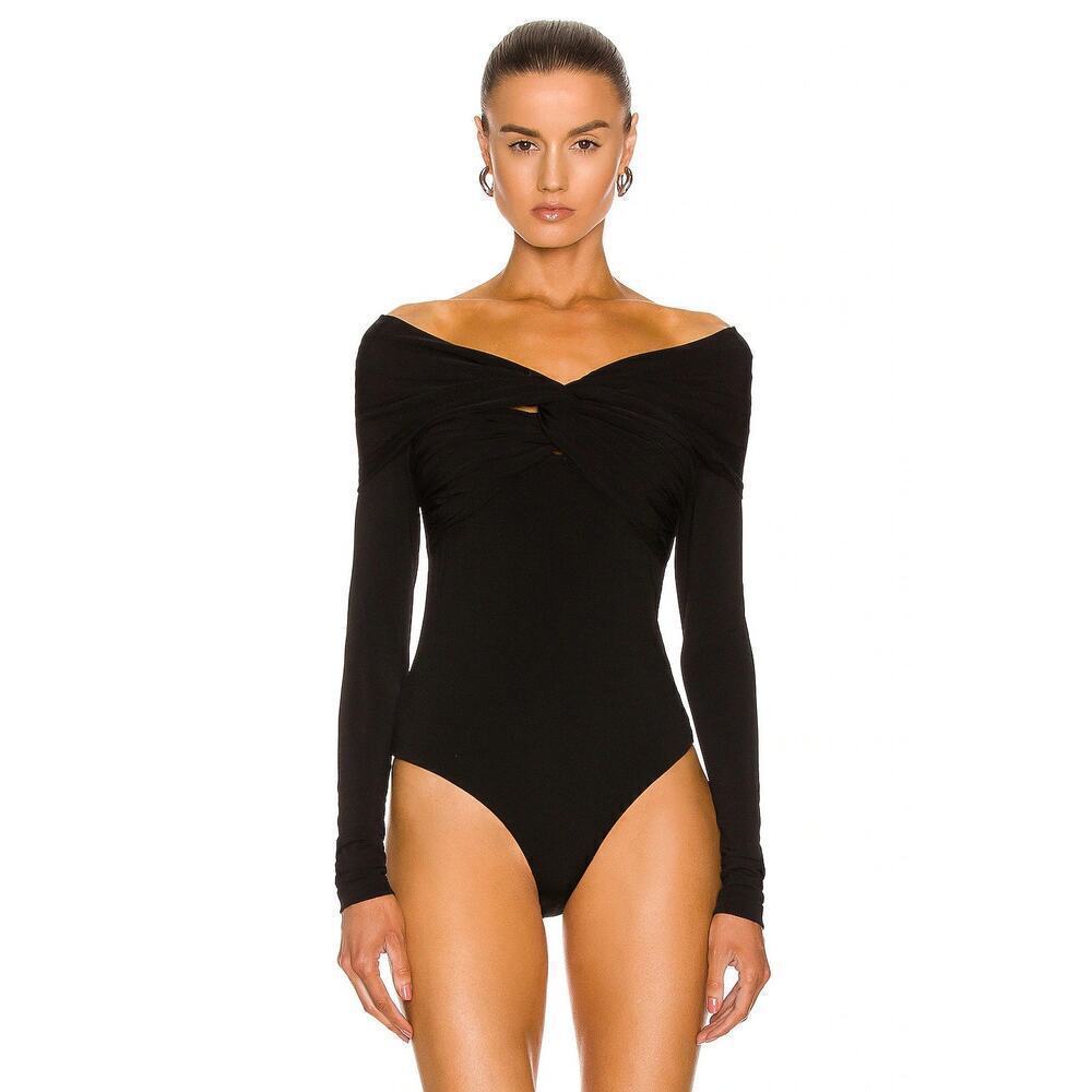 Khaite Cibo Twisted Off The Shoulder Ruched Cut Out Back Bodysuit Black Size XS